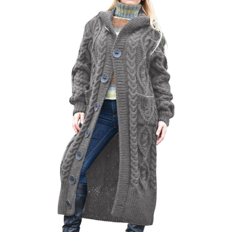Damen Strickmantel mit Kapuze und Kabelmuster