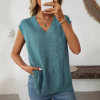 Damen elegantes Stricktop mit V-Ausschnitt und feiner Rippstruktur R&B