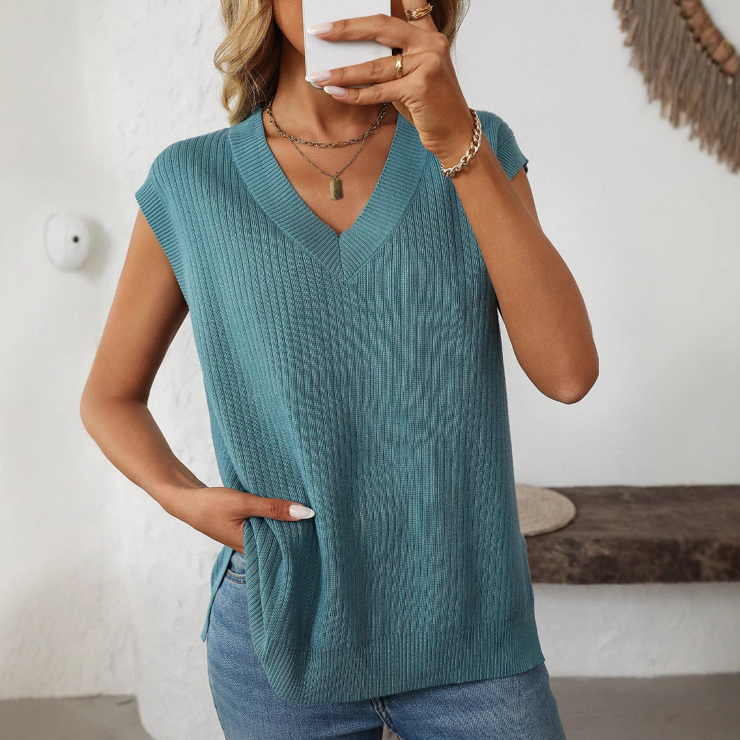 Damen elegantes Stricktop mit V-Ausschnitt und feiner Rippstruktur R&B