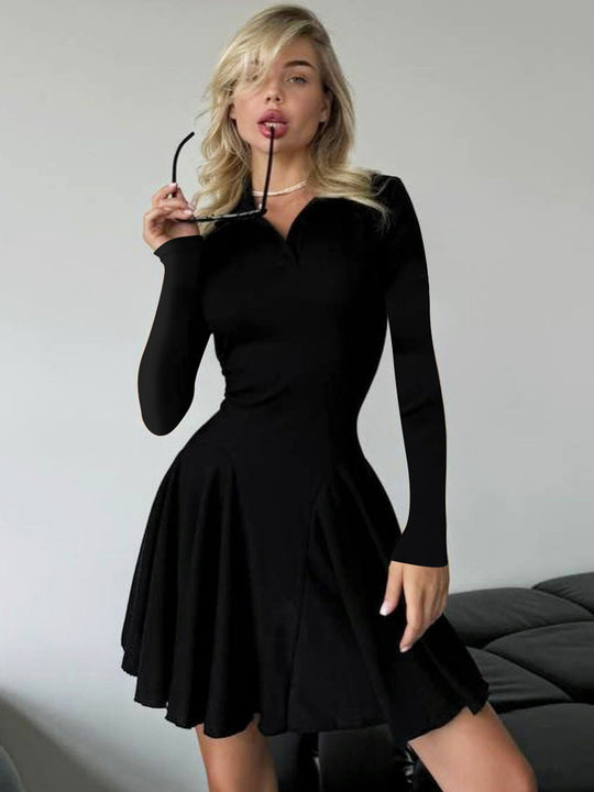 Damen Polo-Kleid mit langen Ärmeln und schwingendem Rock R&B