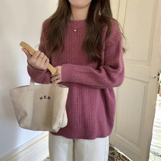 Damen Grobstrickpullover mit modernem Zopfmuster und hohem Rundhalsausschnitt R&B
