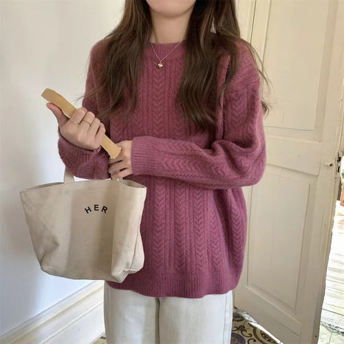 Damen Grobstrickpullover mit modernem Zopfmuster und hohem Rundhalsausschnitt R&B