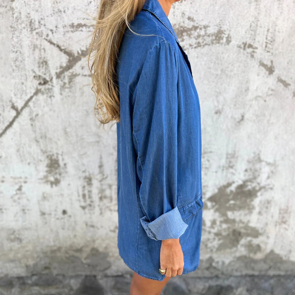 Damen lässige Denim-Blazerjacke mit eleganten Details und lockerer Passform R&B