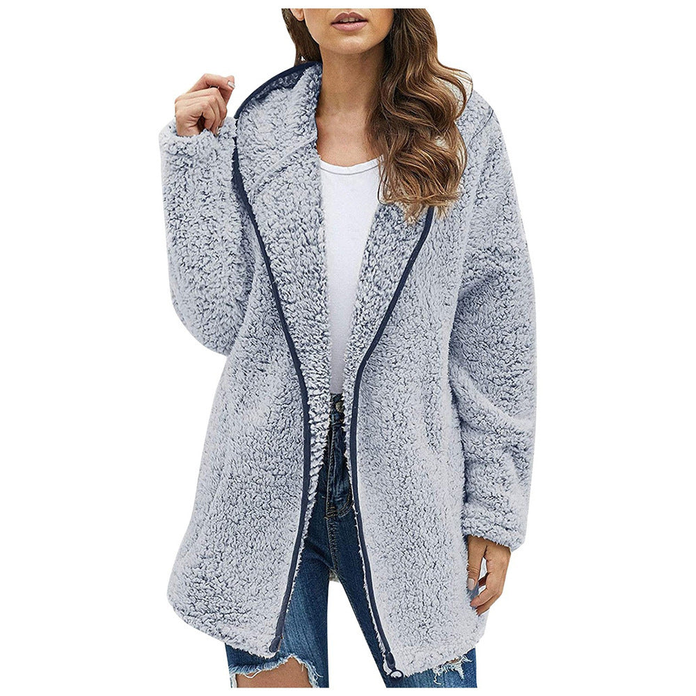 Damen Flauschige Kapuzenjacke im oversized Schnitt mit Eingrifftaschen und Reißverschluss R&B