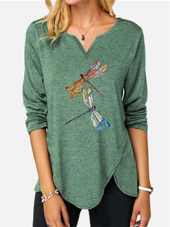 Damen V-Ausschnitt Langarmshirt mit Drachenfliegen-Print R&B