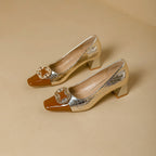Damen elegante Pumps mit glänzender Schnalle und modischem Blockabsatz