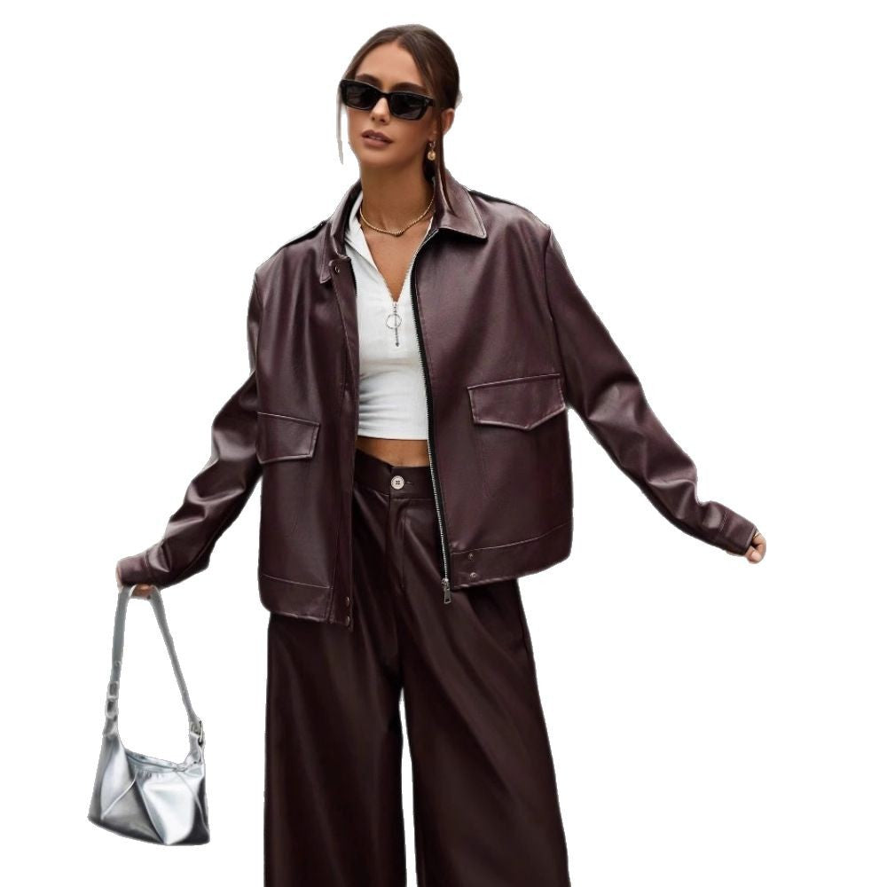 Damen modische Kunstlederjacke im Oversized-Stil R&B