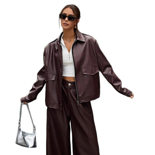 Damen modische Kunstlederjacke im Oversized-Stil R&B