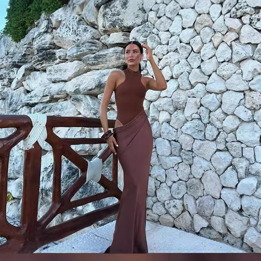 Damen Elegantes bodenlanges Kleid mit hochgeschlossenem Kragen und asymmetrischer Drapierung R&B