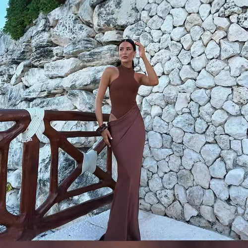 Damen Elegantes bodenlanges Kleid mit hochgeschlossenem Kragen und asymmetrischer Drapierung R&B