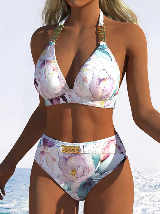 Damen Triangel-Bikini mit verstellbaren Bindebändern und modischem Wellenmuster R&B