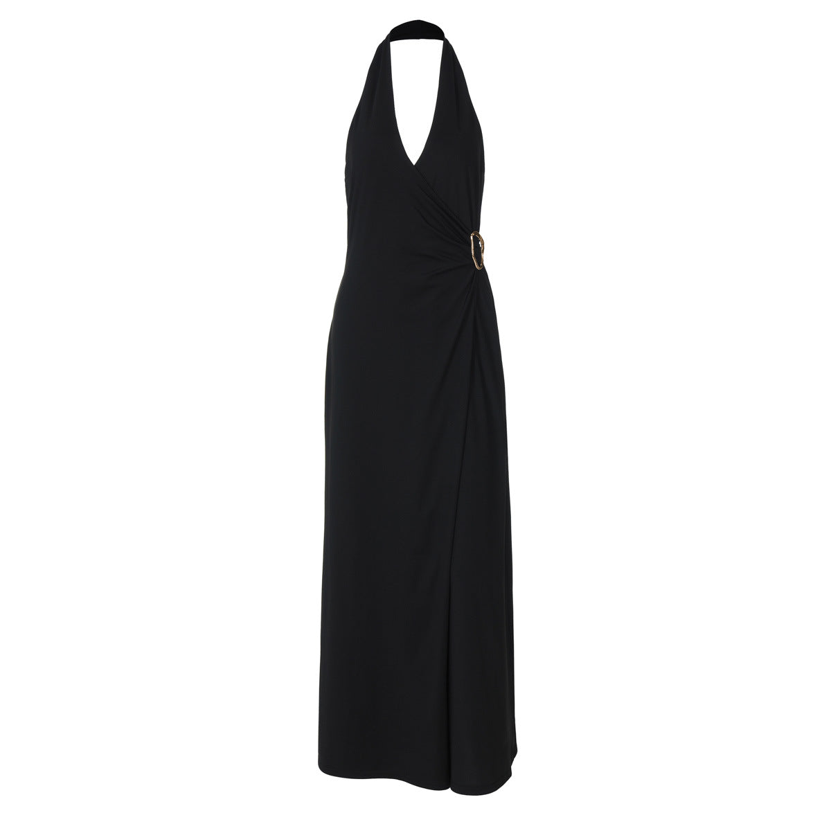 Damen Elegantes Wickelkleid mit schmalem Halterdesign und dekorativem Ringakzent R&B