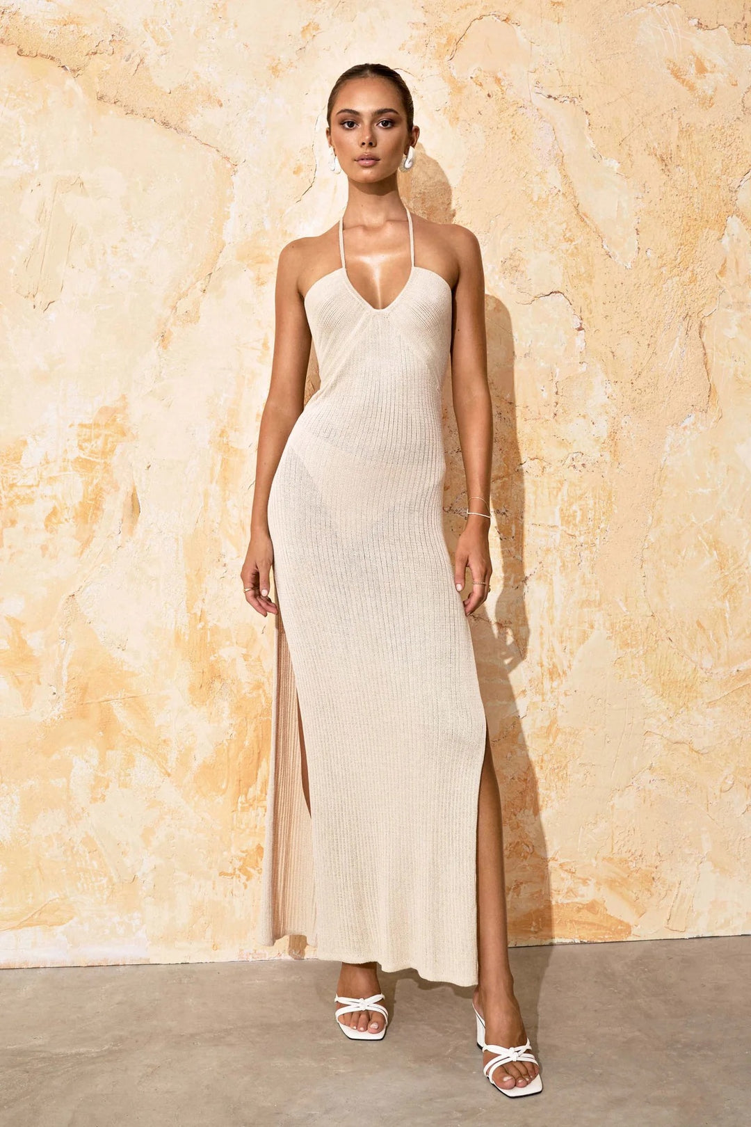 Damen Elegantes Maxikleid mit tiefem Ausschnitt und seitlichem Schlitz R&B