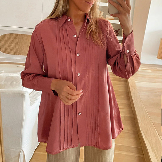 Damen Bluse mit eleganter Faltenstruktur und halbhohem Kragen R&B