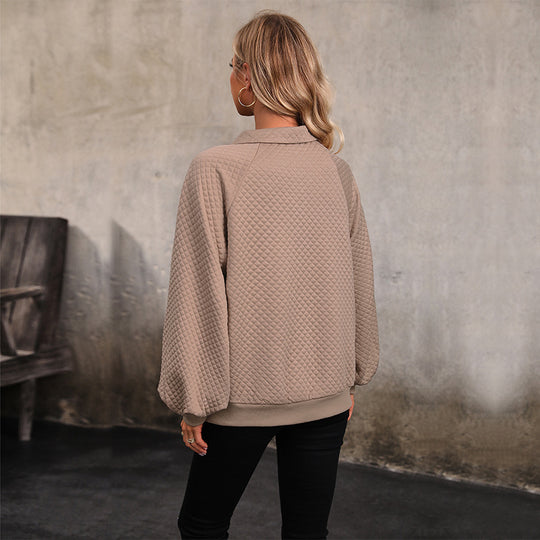 Damen Kapuzenpullover mit Knopfleiste und voluminösen Ärmeln R&B