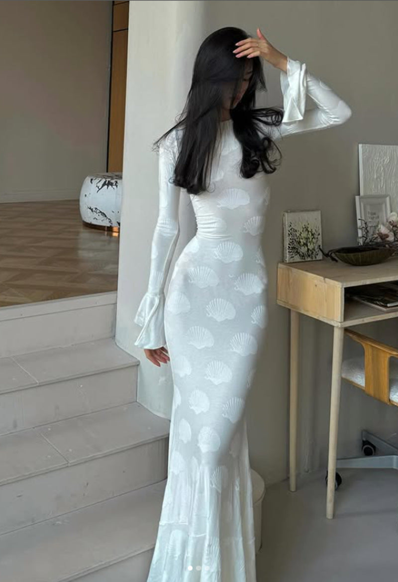 Damen figurbetontes Langkleid mit schickem Muschel-Design und elegantem Ärmelabschluss R&B
