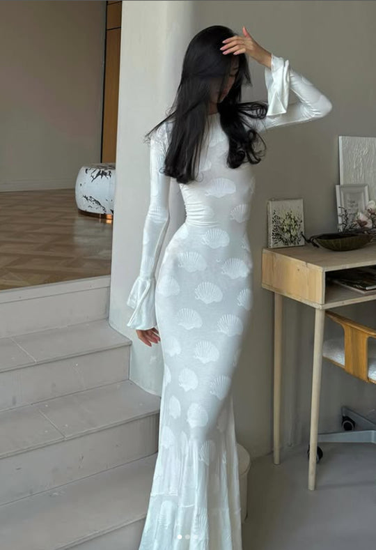Damen figurbetontes Langkleid mit schickem Muschel-Design und elegantem Ärmelabschluss R&B