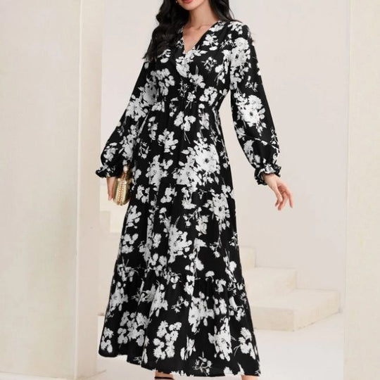 Damen Elegantes Maxikleid mit floralen Details und V-Ausschnitt R&B