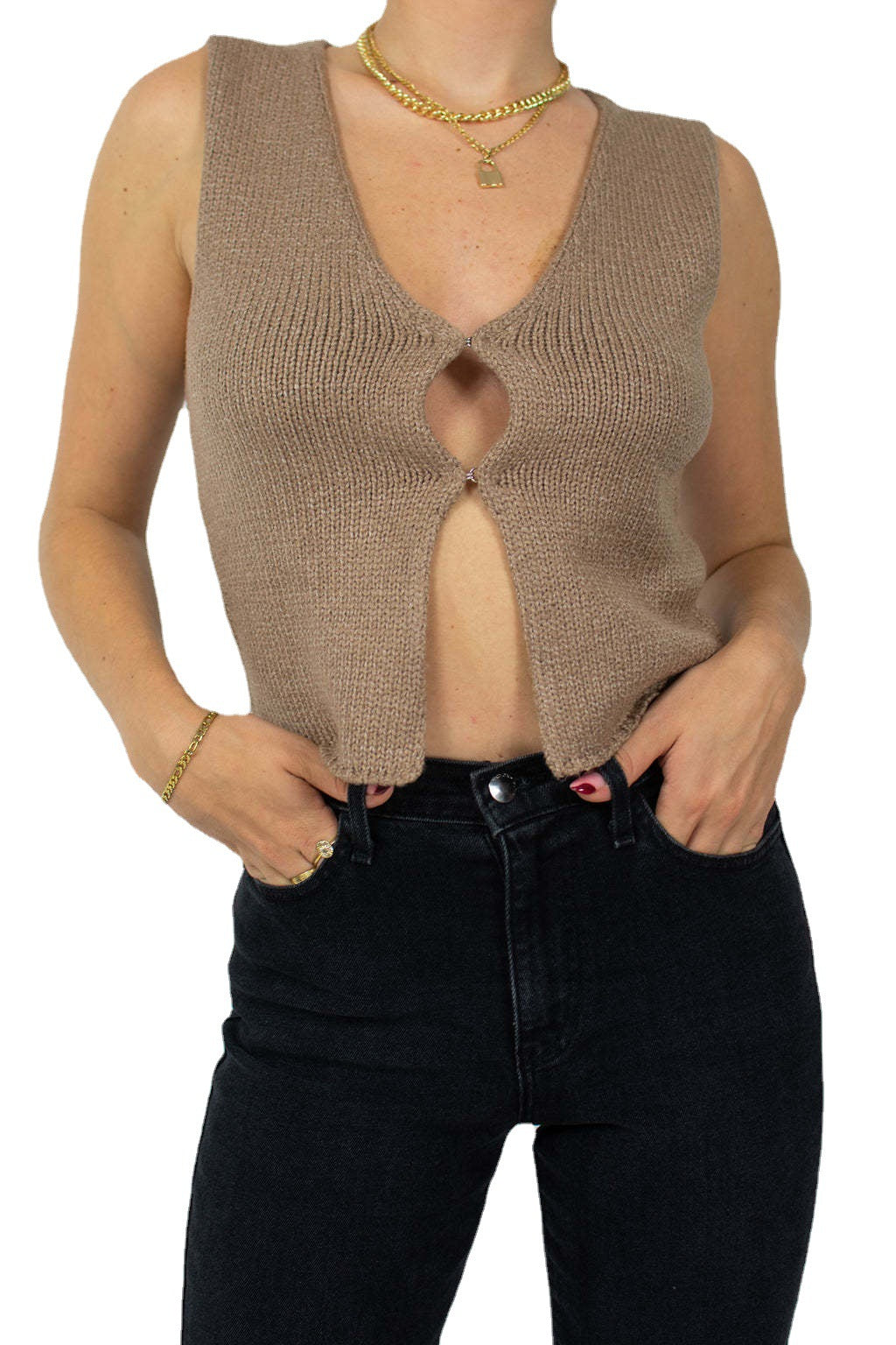 Damen gestricktes Crop-Top mit schickem V-Ausschnitt und dekorativem Schlüsselverschluss R&B