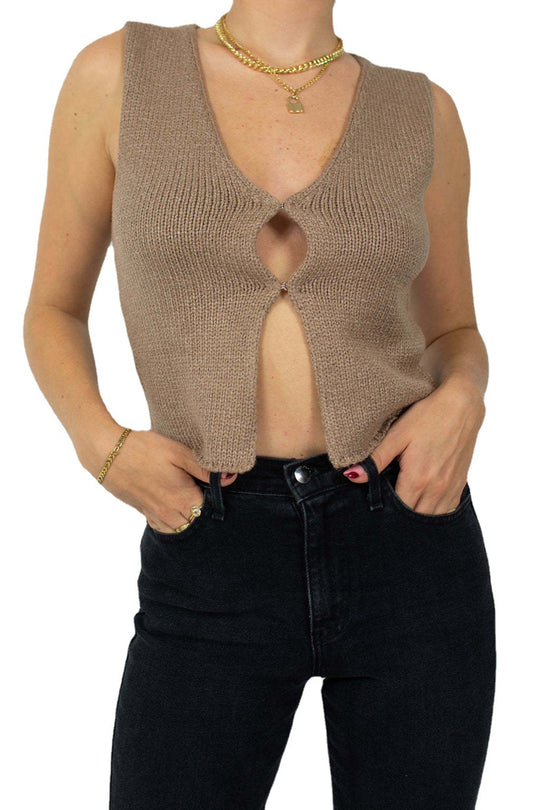 Damen gestricktes Crop-Top mit schickem V-Ausschnitt und dekorativem Schlüsselverschluss R&B