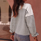 Damen modischer Sweater mit breiten Streifen und eleganten Knopfdetails