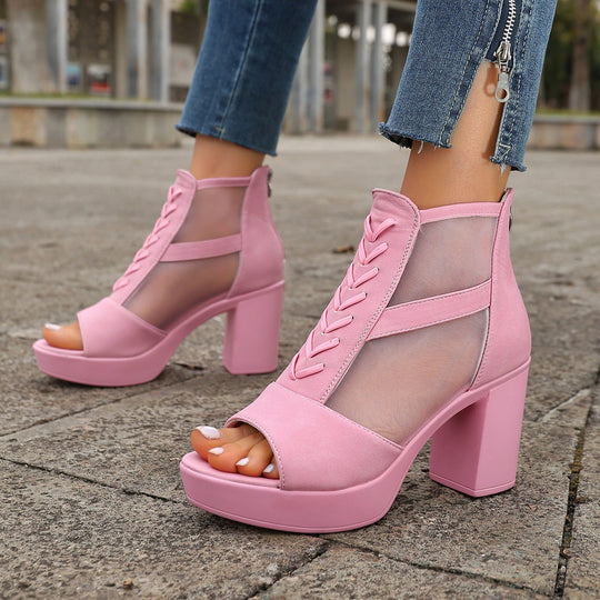 Damen High-Top Sandalen mit transparentem Mesh und dekorativem Schnürdesign R&B