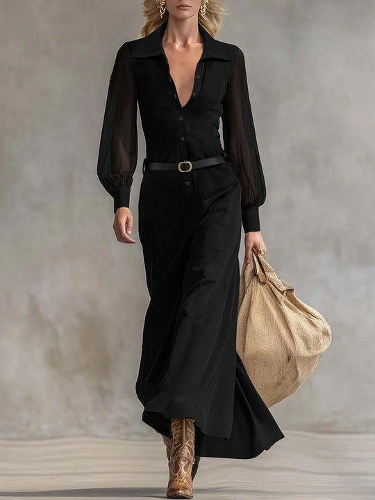 Damen Maxikleid mit transparenten Ärmeln und Taillengürtel R&B