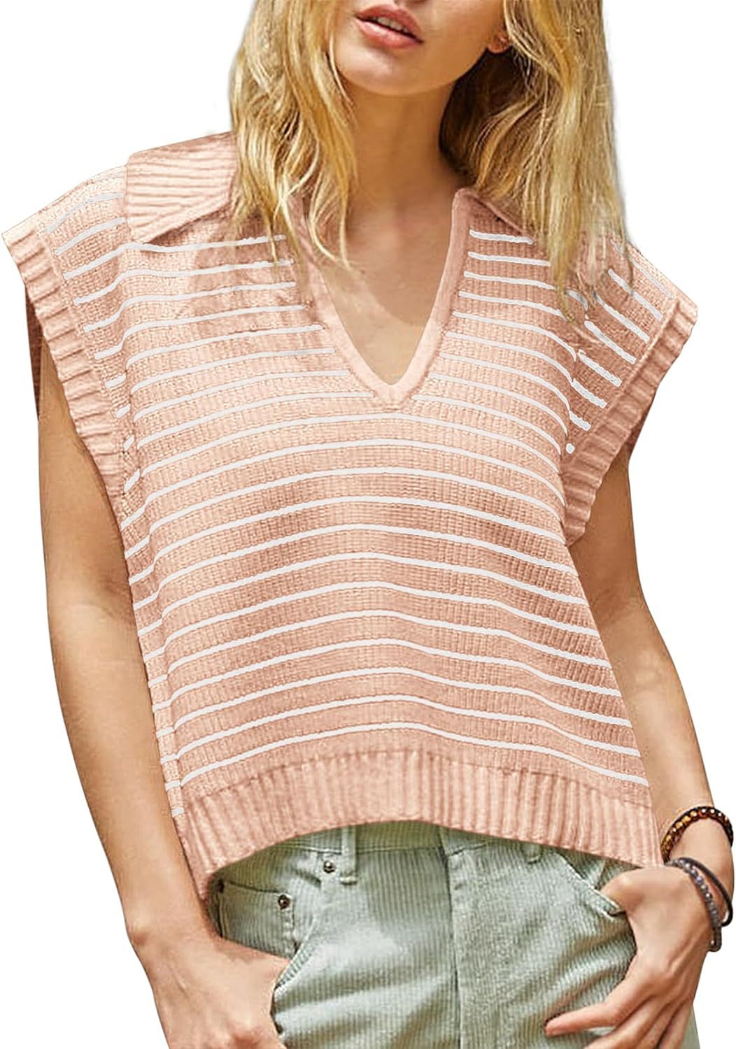 Damen lässiges Stricktop mit angeschnittenen Ärmeln und V-Ausschnitt R&B