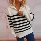 Damen gestreifter Pullover mit modernem Stehkragen und kurzer Reißverschluss R&B