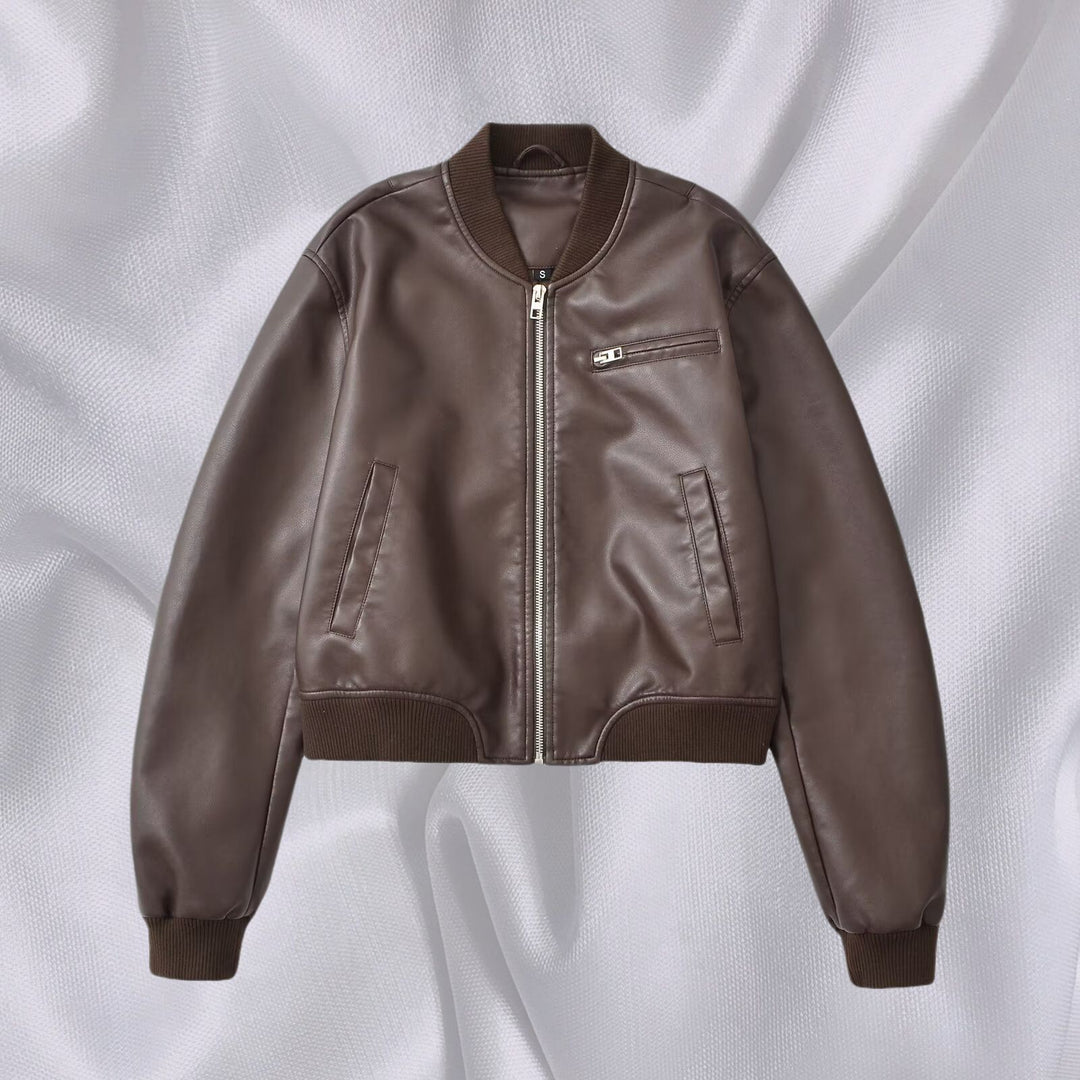 Damen Kunstleder Bomberjacke mit elastischem Abschluss und praktischen Taschen R&B