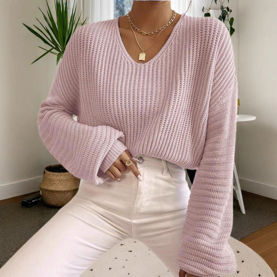 Damen Strukturierter Pullover mit V-Ausschnitt und weiten Ärmeln R&B