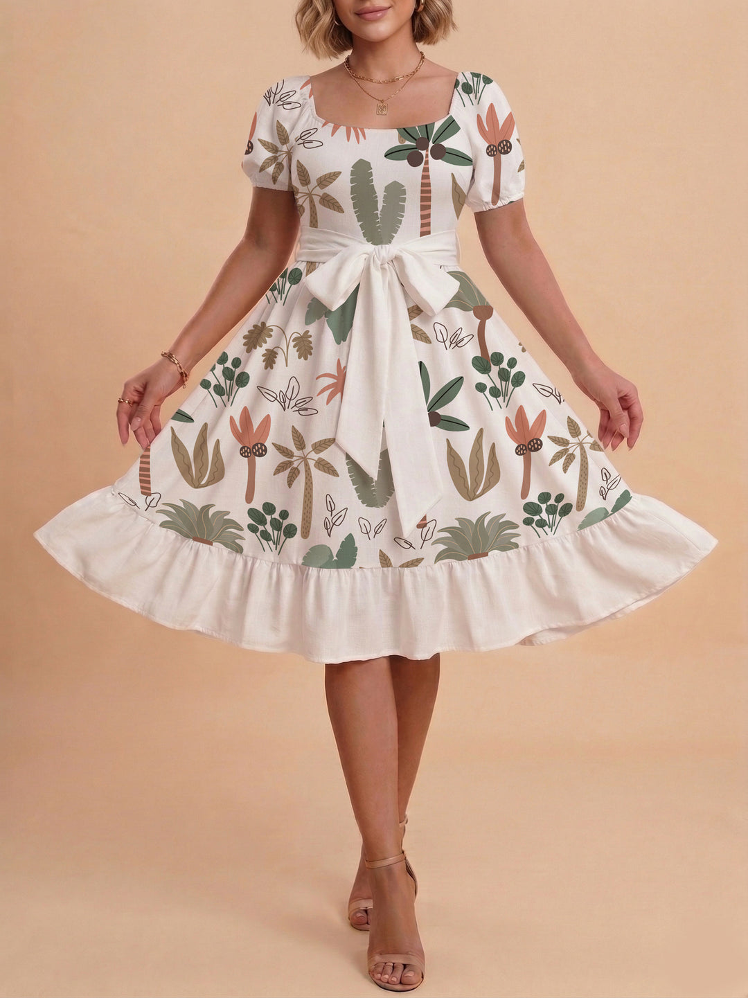 Damen Sommerliches Blumenkleid mit taillierbarem Gürtel und voluminösen Ärmeln R&B