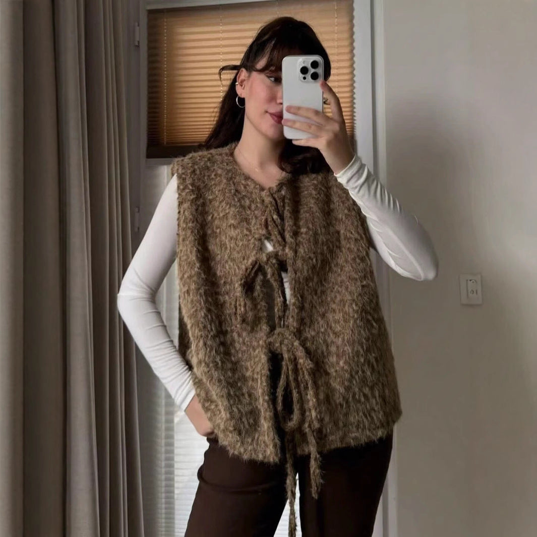 Damen elegante Strickweste mit dekorativen Schleifen
