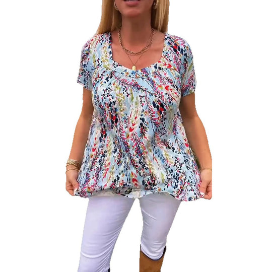 Damen nan leichtes florales Rundhals-Printshirt mit Brustfalten und legerer Hüftlänge R&B