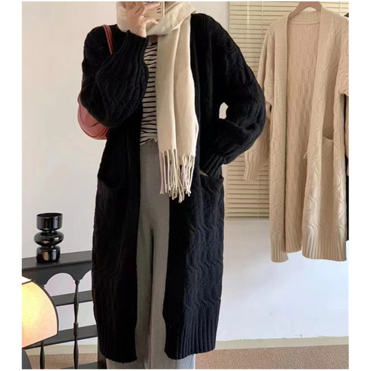 Damen Langer Strickcardigan mit voluminösen Ärmeln und praktischen Taschen R&B