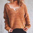 Damen lässiger Strickpullover mit weitem V-Ausschnitt und asymmetrischem Saum R&B