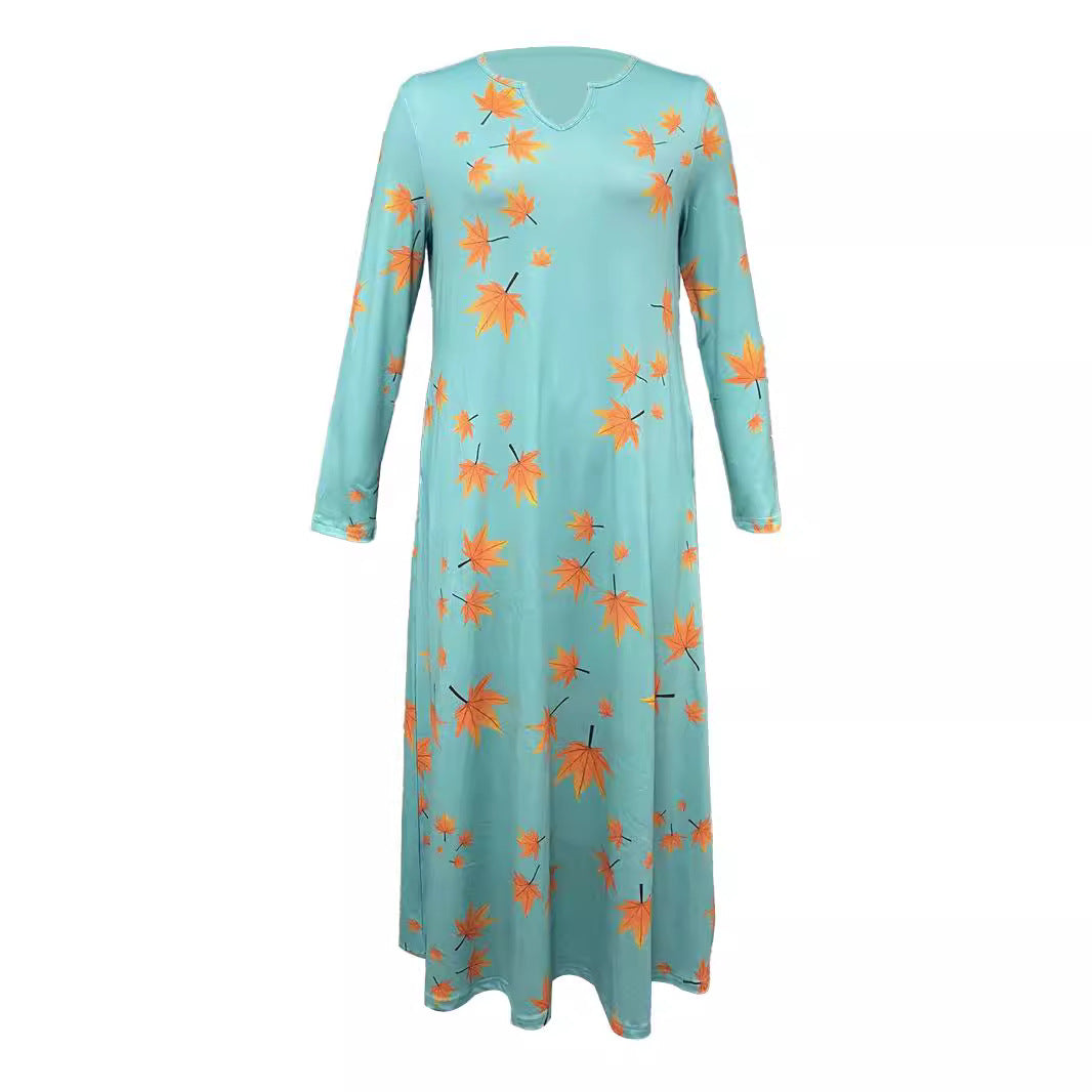 Damen Maxikleid mit V-Ausschnitt und herbstlichem Blattdesign R&B