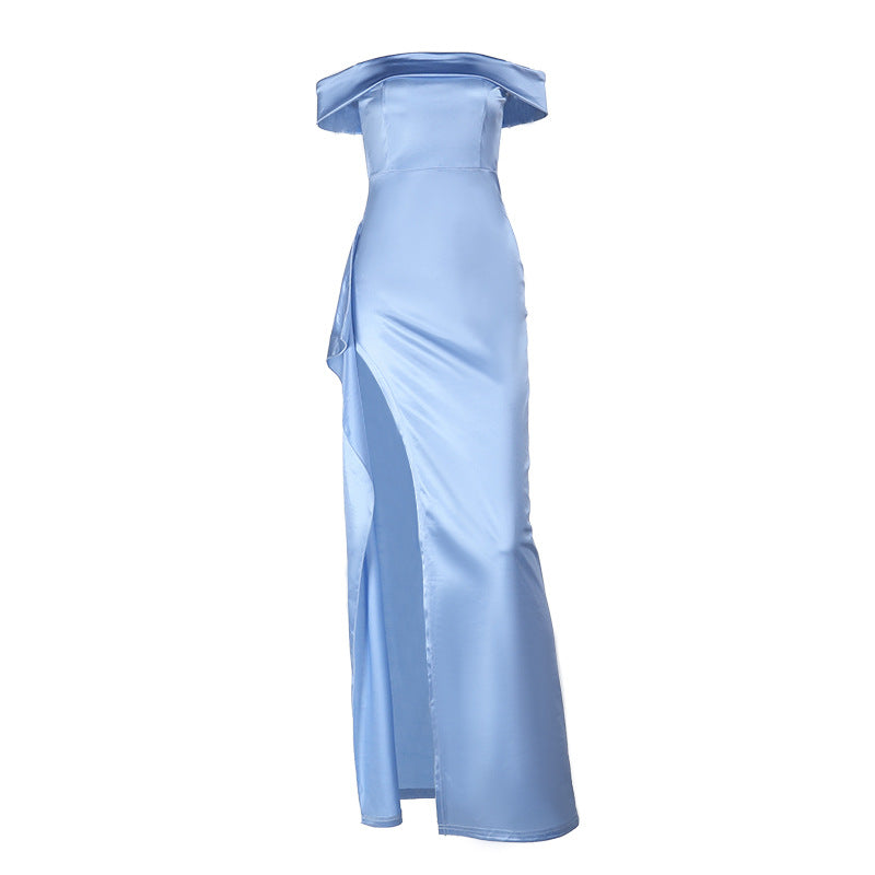 Damen Elegantes bodenlanges Abendkleid mit schulterfreiem Design und Schlitz EB
