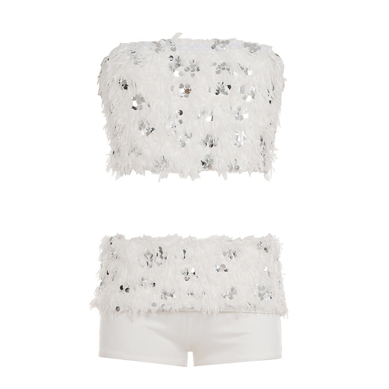 Damen Spitzen-Crop-Top mit glitzernden Pailletten R&B