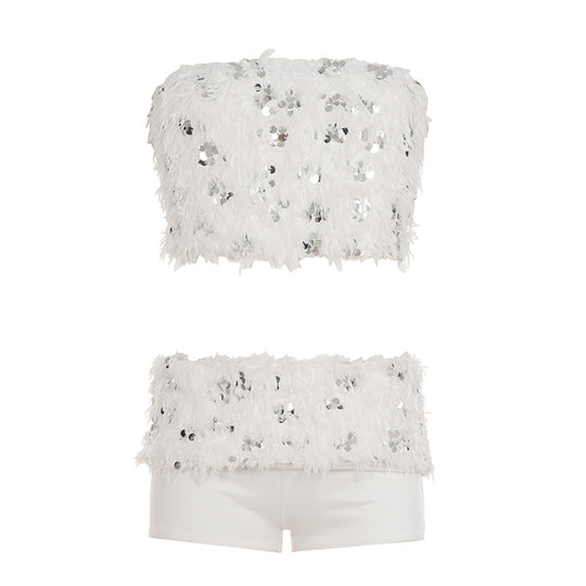 Damen Spitzen-Crop-Top mit glitzernden Pailletten R&B