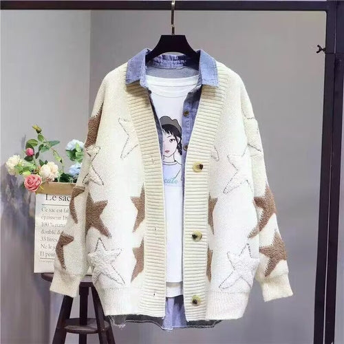 Damen Grobstrick-Cardigan mit Sternenmuster und tiefem V-Ausschnitt R&B