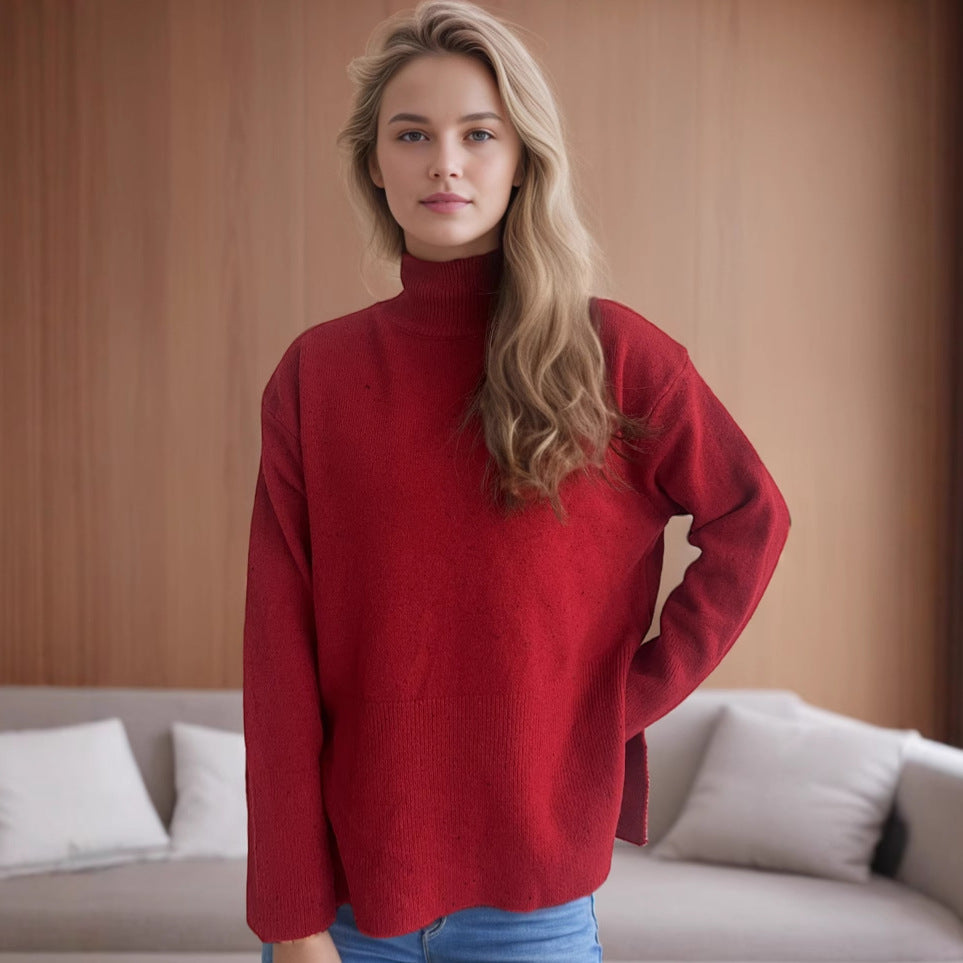 Damen Pullover mit hohem Kragen und asymmetrischem Saum R&B