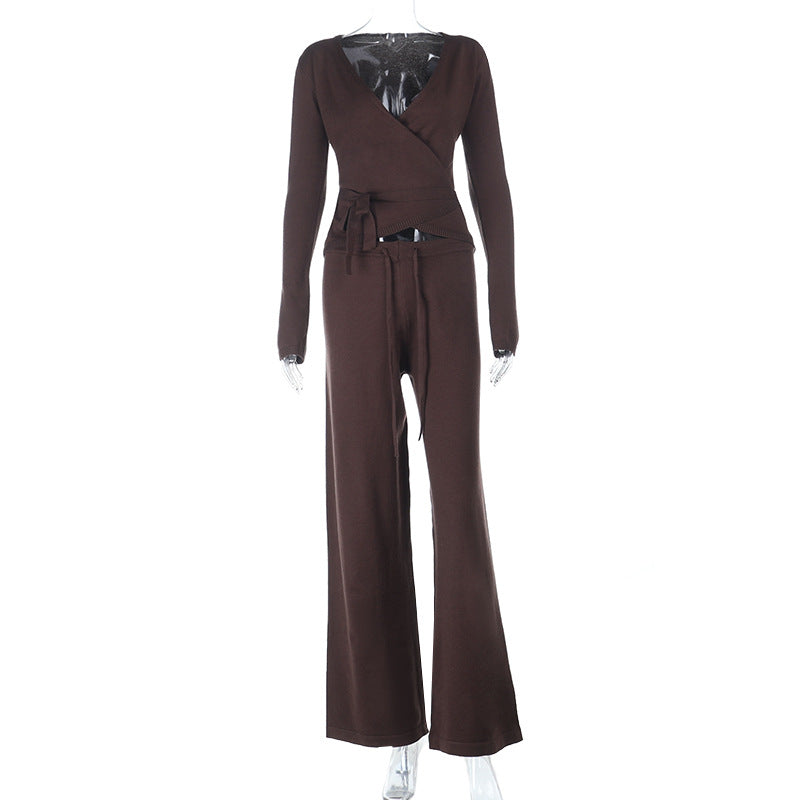 Damen lockerer Jumpsuit mit Wickeldesign und langen Ärmeln R&B
