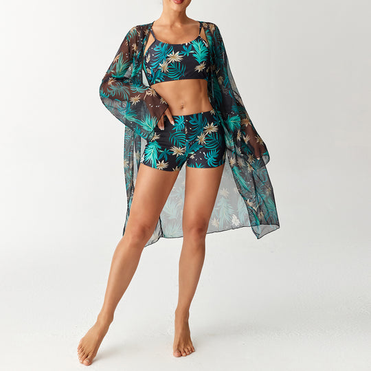 Damen Bikini-Set mit elegantem Crop-Top und durchscheinendem Strandkimono R&B