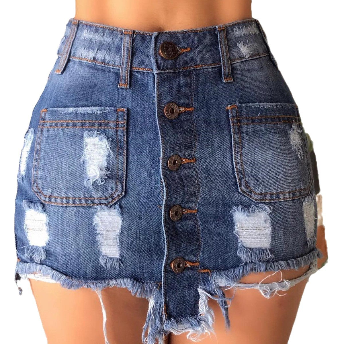 Damen Jeans-Minirock mit Knopfleiste und modischen Destroyed-Details R&B