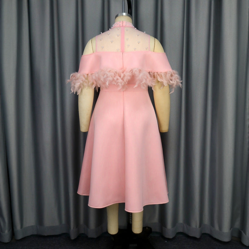 Damen elegantes Kleid mit transparenten Puffärmeln und dekorativen Federdetails R&B