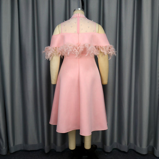 Damen elegantes Kleid mit transparenten Puffärmeln und dekorativen Federdetails R&B