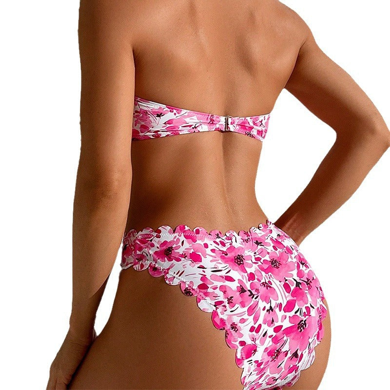 Damen Bandeau-Bikini mit floralen Rüschendetails