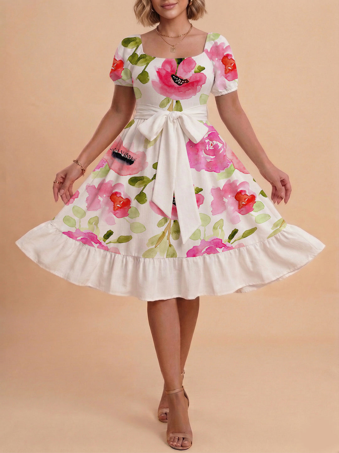Damen Sommerliches Blumenkleid mit taillierbarem Gürtel und voluminösen Ärmeln R&B