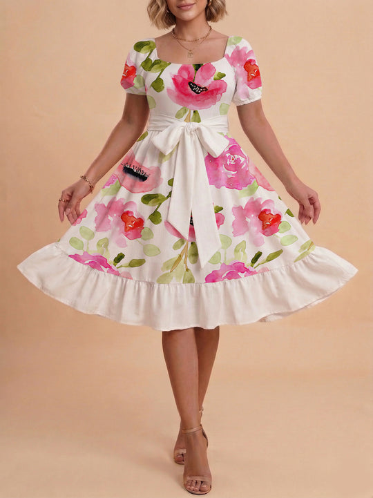 Damen Sommerliches Blumenkleid mit taillierbarem Gürtel und voluminösen Ärmeln R&B